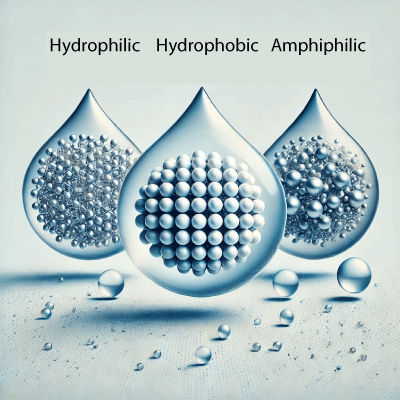 Illustration of a hydrophilic, hydrophobic, and amphiphilic gold nanoparticles